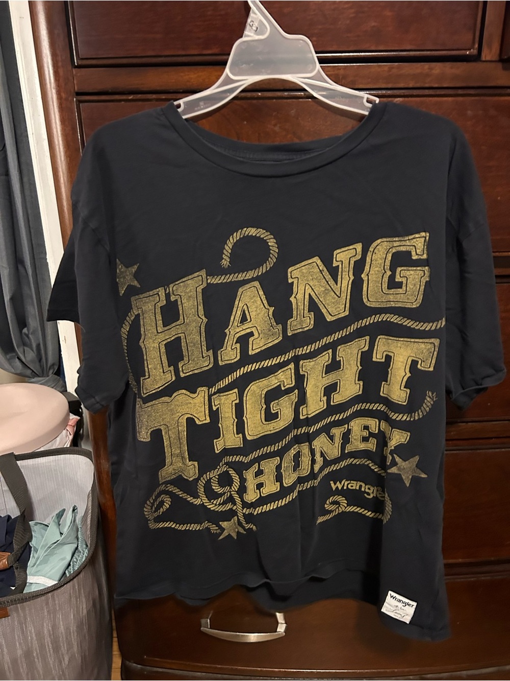 Wrangler Black Tee with Gold 'Hang Tight Honey' Graphic